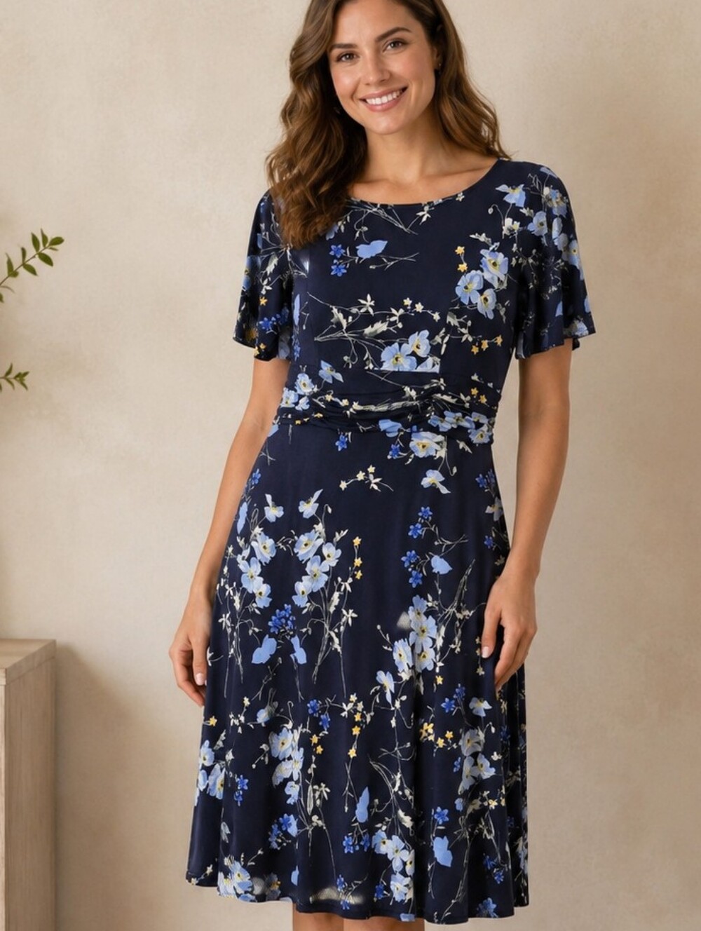 JH Sheath Dress Navy Blue Floral Ruched Waist NEW Sz 14 Party  Wedding Guest